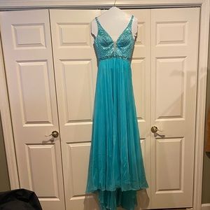 Turquoise, bejeweled v-neck, flowing prom dress